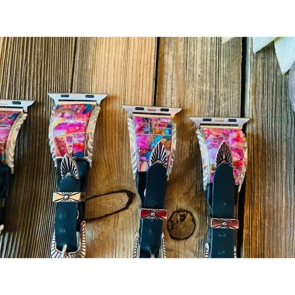 Navajo Pink Dream Mohave, Sterling Silver & Black Leather Smartphone Watch Band - Picture 8 of 8